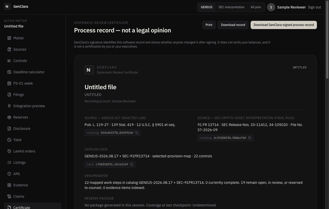 The Systematic Review Certificate screen, headed Process record, not a legal opinion, with a note that GenClara's signature does not verify balances.